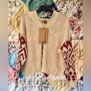 POL Gorgeous fringed, lightweight tribal Beige and brown Hooded Sweater